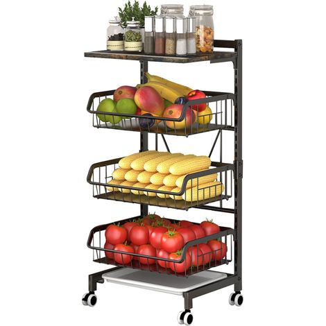 Chariot de cuisine à 4 niveaux, réglable, en métal, avec panier de rangement et plateau en bois (grande capacité)