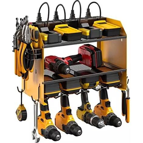 Portautensili, organizer per utensili elettrici, supporto portaoggetti da parete con stazione di ricarica, con multipresa a 8 prese, supporto per batteria in metallo resistente, giallo