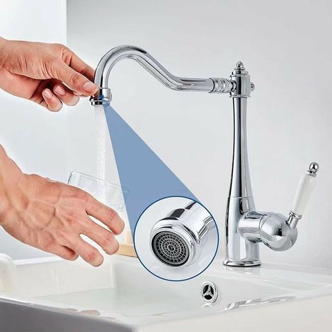 Robinet de cuisine rétro chromé avec bec pivotant haut, corps en laiton et valve en céramique pour éviers à un ou deux bacs.