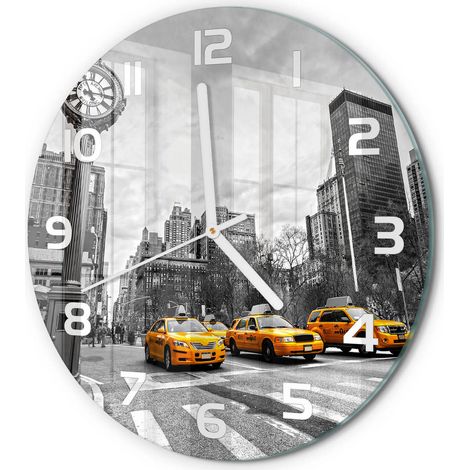 Horloge Murale Ronde Moderne Décorative Verre Trempé Élégante Salon Taxis de New York fi 30 cm (1/5)