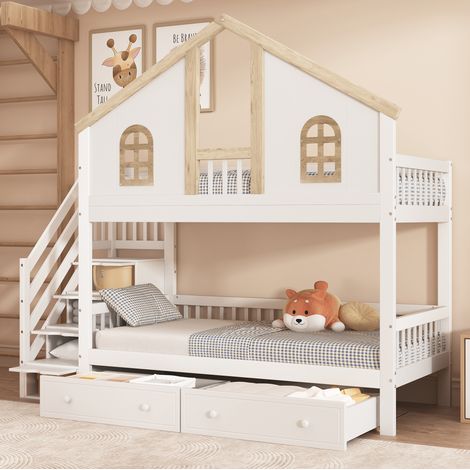 Letto a castello 90x200 cm bianco e naturale, con finestre e cassetti (1/5)