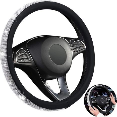 Housse de Volant Strass Cristal Housse de Volant Cristal Couvre Volant Antidérapant Cristal Couvre Volant Cristal Couvre Volant Ajustement pour Femmes Filles Intérieur de Voiture (Noir et Blanc)-Fei Y (1/5)