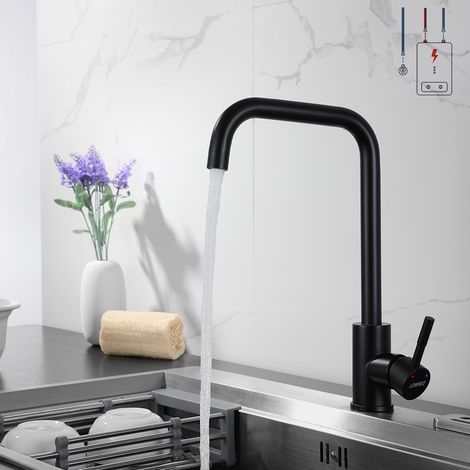 Lonheo Niederdruck Wasserhahn Küche Armatur aus Edelstahl, 360° Schwenkbar Küche Mischbatterie Einhebelmischer, schwarz (1/5)