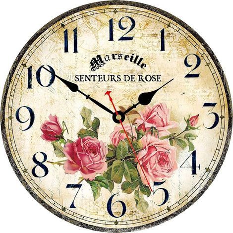 Wanduhr aus Holz, 30 cm, batteriebetrieben, dekorative Wanduhr für den Innenbereich, Vintage-Wanduhr im französischen Stil mit Blumenmuster (rosa Rosen) (1/5)