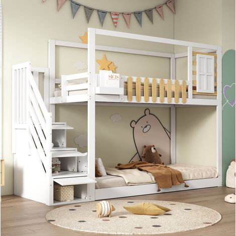 Lit superposé 90x200 avec escalier rangement blanc OKMYHOME (1/5)