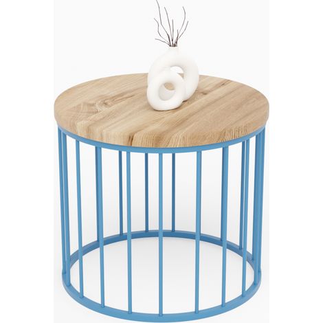 LAMO Manufaktur Couchtisch rund aus Holz 50 x 45 cm - Beistelltisch rund, Wohnzimmertisch, Sofatisch - kleiner Tisch, modern coffee table, Beistelltisch metall - Farbe: Nussbaum, Beine: Blau (1/5)