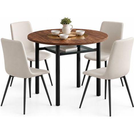 ELVMI Ensemble Table et Chaises avec 1 Table Ronde et 4 Fauteuils, MDF, Verre, Métal et Cuir PU, Marron et Gris Chaud (1/5)