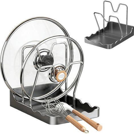 2-in-1 Küchenarbeitsplatten-Organizer mit Topfdeckel- und Schneidebretthalter, Löffelablage, platzsparender Aufbewahrung, Kochfeld- und Pfannenhalter, leicht zu reinigen (Doppelter Topfdeckelhalter - (1/5)