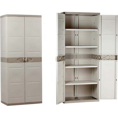 TITANIUM PLASTIKEN Armoire haute 2 portes avec etageres 70 x 44 x 176 cm Beige et Taupe Gamme TITANIUM Interieur et Exterieur