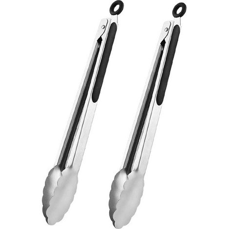 Pinze da cucina in acciaio inox, set da 2, 23 cm, pinze per griglia, manico antiscivolo, anello per appenderle, resistenti al calore, 26,5 x 3,8 cm, nere, 20,5 x 2,8 cm (1/5)