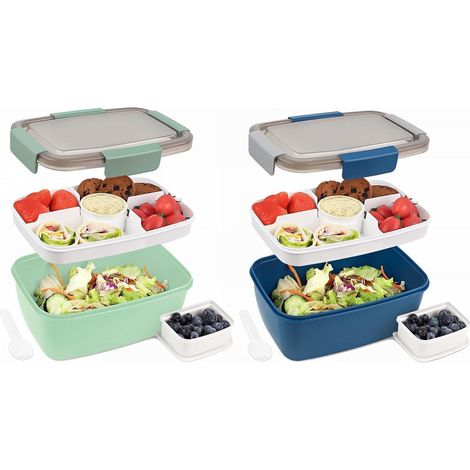 Lunchbox Bento Fächer Erwachsene Salatbox 2000ml 2set blau Dunkelgrün (1/5)