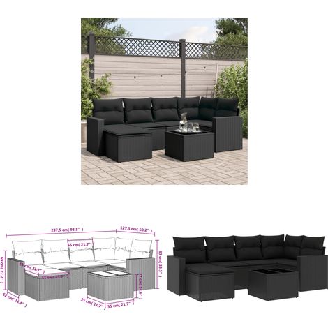 7-tlg. Garten-Sofagarnitur mit Kissen Schwarz Poly Rattan - Gartenmöbel Set - PE-Rattan Möbel - Outdoor Sofa - Esstisch - Lounge Set - Home & Living (1/3)