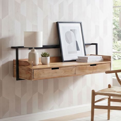 Bureau suspendu 2 tiroirs 120x38x37 cm en acacia massif et métal noir (1/5)