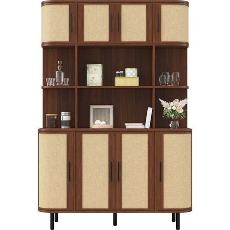 Armoire haute de rangement 180 cm en MDF finition noyer, façade en rotin tressé, 8 portes, poignées noires et pieds en fer, seulement 20 cm de profondeur (1/5)