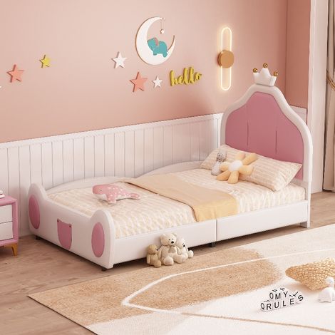 Lit enfant 90x200 Lit princesse avec tête de lit couronne, cadre de lit capitonné fille bicolore blanc et rose en simili cuir (1/5)