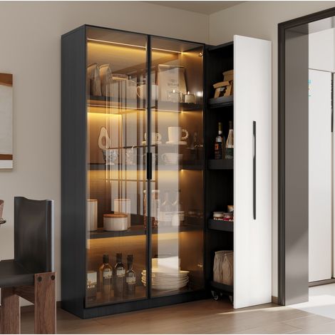 Armario vitrina 110.5x35x160 cm blanco y negro en MDF y vidrio con LED y estante lateral extraíble (1/5)