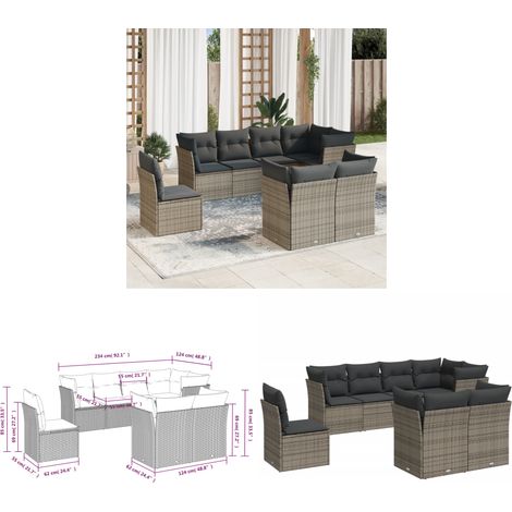 Salon de jardin 8 pcs avec coussins gris résine tressée - Ensemble Salon De Jardin - Canapé Extérieur - Mobilier De Jardin - Salon De Jardin Design - Set De Salon De Jardin - Home & Living (1/3)