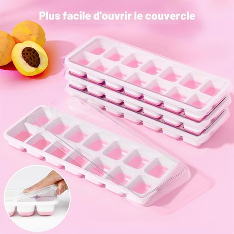 Lot de 4 bacs à glaçons en silicone avec couvercle, peu encombrant et empilable, certifié LFGB et sans BPA, bacs à glaçons carrés faciles à retirer Rose