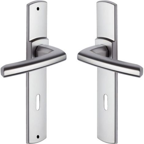 Set de Poignée de Porte sur Plaque - Version Clé L pour Porte de Chambre et de Bureau - Entraxe 195 mm - Matériau Zamak Résistant - Finition Chrome Velours (1/5)