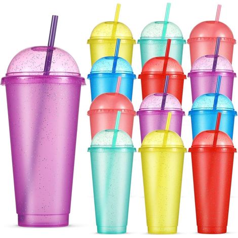 12er Set bunte Glitzer Becher 710ml mit Deckel und Strohhalm, wiederverwendbar
