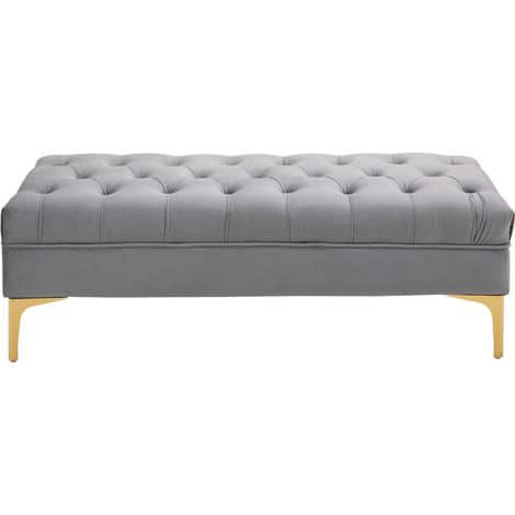 Banc banquette capitonnée bout de lit velours gris clair piètement métal doré 118 x 45 x 42 cm
