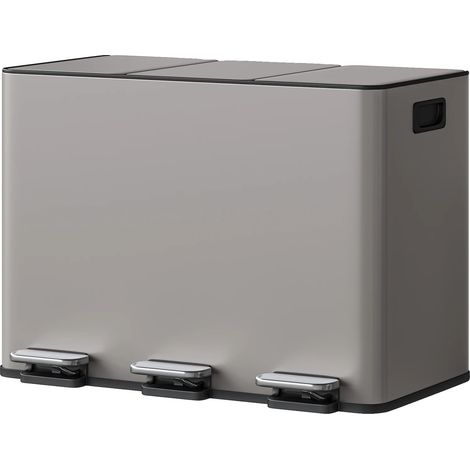 Pattumiera da cucina con pedale a chiusura ammortizzata, design a 3 scomparti, grigio chiaro. (1/2)