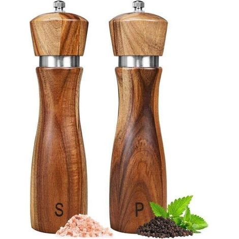 Moulin à sel et à poivre en bois d'acacia (deux pièces), ensemble de moulins à sel et à poivre en bois, salières et poivrières - 20 cm (1/4)