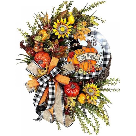 Couronne D'Automne - Couronne De Porte Extérieure 35 Cm - Feuilles D'érable Et Citrouille - Ruban À Carreaux Buffalo - Décoration Pour Thanksgiving