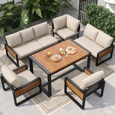 8-Sitzer Gartenmöbel aus Metall und Polyester mit Tisch, 3 Sofas, 2 Sessel und dicken Kissen, Beige (1/5)