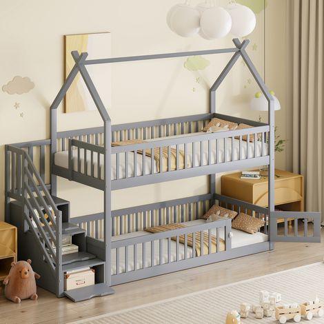 Letto a castello con tetto e cassetti 90x200 grigio OKMYHOME