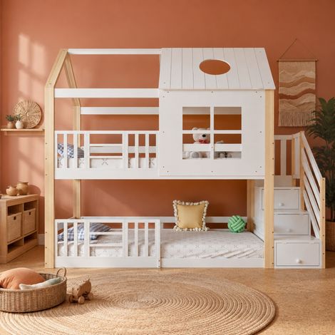 Litera infantil 90x200 cm de madera blanca y natural con escalera y almacenaje, sin colchones-FLORAGRACE (1/5)
