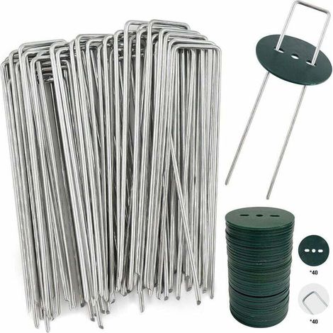 Lot de 40 piquets de jardin en acier galvanisé – 150 mm de long, 25 mm de large, 2.8 mm de diamètre – Avec rondelles PP pour fixation durable (1/5)