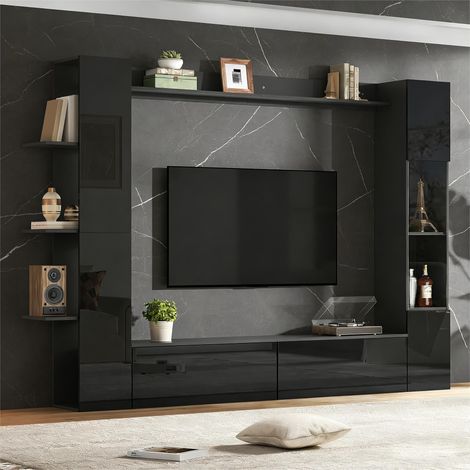 Vitrines murales pour salon, charnières réversibles, lot de 4, meuble TV rangement compact, noir