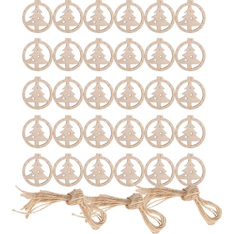 30 décorations de Noël en copeaux de bois sculptés, style rétro, pendentifs en bois. (1/5)