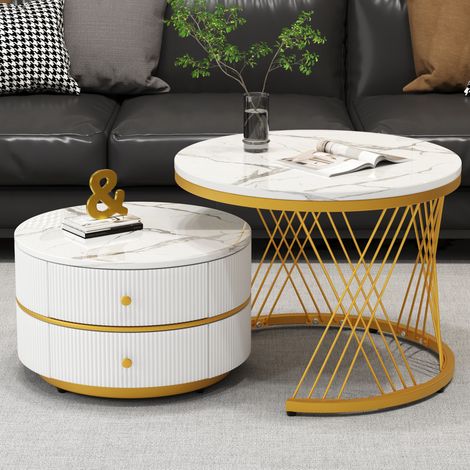 Table basse gigogne 2 pièces 60x60x46 et 50x50x30,8 cm blanche, 2 tiroirs, MDF effet marbre MEUBLIV (1/5)