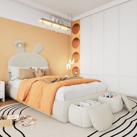 Polsterbett 90/200 cm beige aus Samt mit LED-Beleuchtung und 2 Aufbewahrungshockern (1/5)