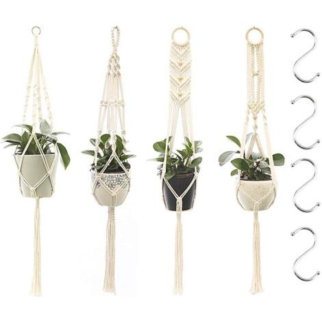 Suspension plantes en macramé 4 pièces – Corde en coton 100 cm – Supports pour pots jusqu’à 25 cm – Crochets métalliques inclus – Devenirriche