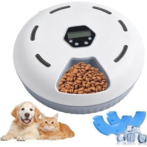 Distributeur Nourriture Humide Chat, HOVCEH Distributeur Croquettes Chat Automatique, Distributeur de Pate pour Chat avec 2 Sachets de Glace e Fonction Minuterie, Minuterie Programmable, 6 Repas (1/5)