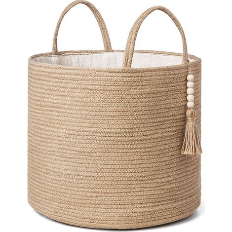 Grand panier à linge en osier tissé - Panier de rangement décoratif en corde naturelle - Décoration de perles en bois pour couvertures, jouets, vêtements, chaussures, plantes - Panier de (1/5)