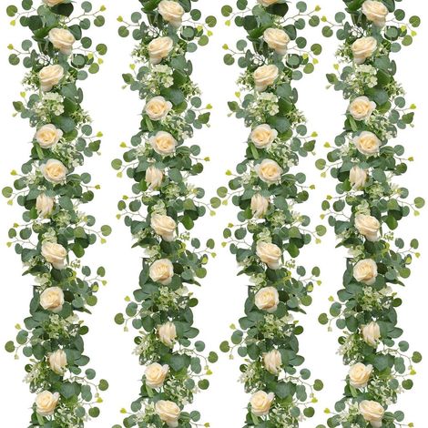 Künstliche Blumengirlande 4 Stück Champagner Rosen Eukalyptus 180cm Deko (1/5)
