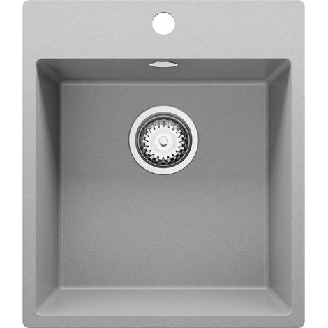 PRIMAGRAN Evier Cuisine en Granit 43x50cm, Lavabo 1 bac + Kit de Vidage, Évier à Encastrer au meuble 45cm - Riga, Gris (1/5)