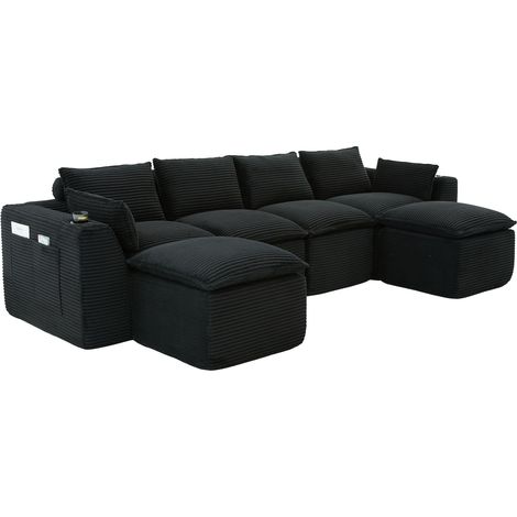 Sofá modular de 4 plazas con 2 pufs, cojines y portavasos en pana negra HOMVRA (1/5)