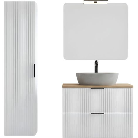 Set da bagno NOXERA – Mobiletto sotto lavabo con lavabo effetto marmo, colonna sospesa, specchio e lampada LED