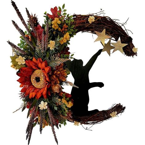 Mondkatzen-Kranz für Halloween, Türdekoration, Zweige, Kätzchen, Kunstblumen, Mondkatzen-Kranz - A10 (1/5)