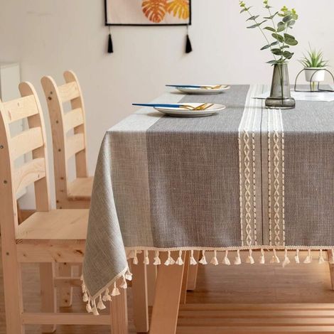 RHG Nappes,Nappe de Table à Broder Nappe à Pompons en Coton et Lin Lavable, Couverture de Table Anti-décoloration sans Plis pour Cuisine à Manger Thanksgiving Noël (110x110cm, Gris)