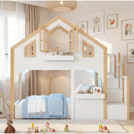 Lit mezzanine enfant en pin blanc 90x200 cm avec escalier de rangement et éclairage LED (1/5)