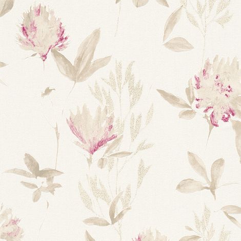Papier peint intissé motif floral pour couloir | Papier peint fleuri moderne effet peinture | Tapisserie fleurie beige & rose cuisine - 10,05 x 0,53 m (1/5)