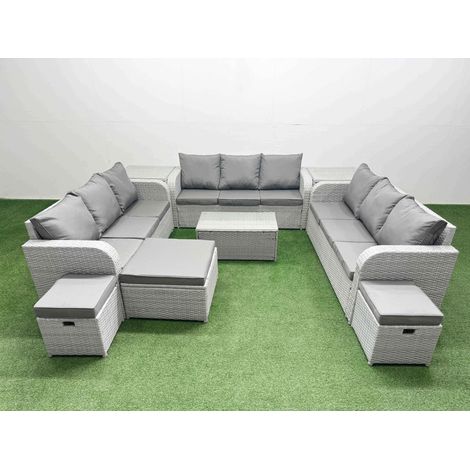 Fimous PE Rattan Lounge Sofa Set 12 Seater Outdoor Garden Furniture Set with Rectangular Coffee Table 3 Seater Sofa 3 Stools 2 Side Table Light Grey (1/5)
