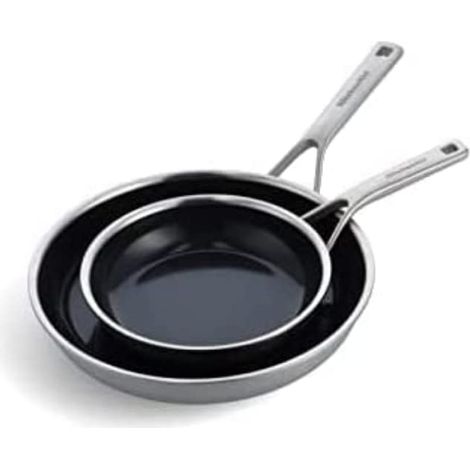 KitchenAid Padella Multi-Ply Set di Padelle antiaderente in acciaio inox, senza PFAS e ceramica antiaderente da 20cm e 28cm, induzione, Multi Clad, argento (1/5)