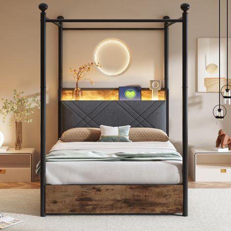 Lit à baldaquin 90x190 cm avec 2 tiroirs LED USB Type-C tête rembourrée structure métal noir sans matelas (1/5)